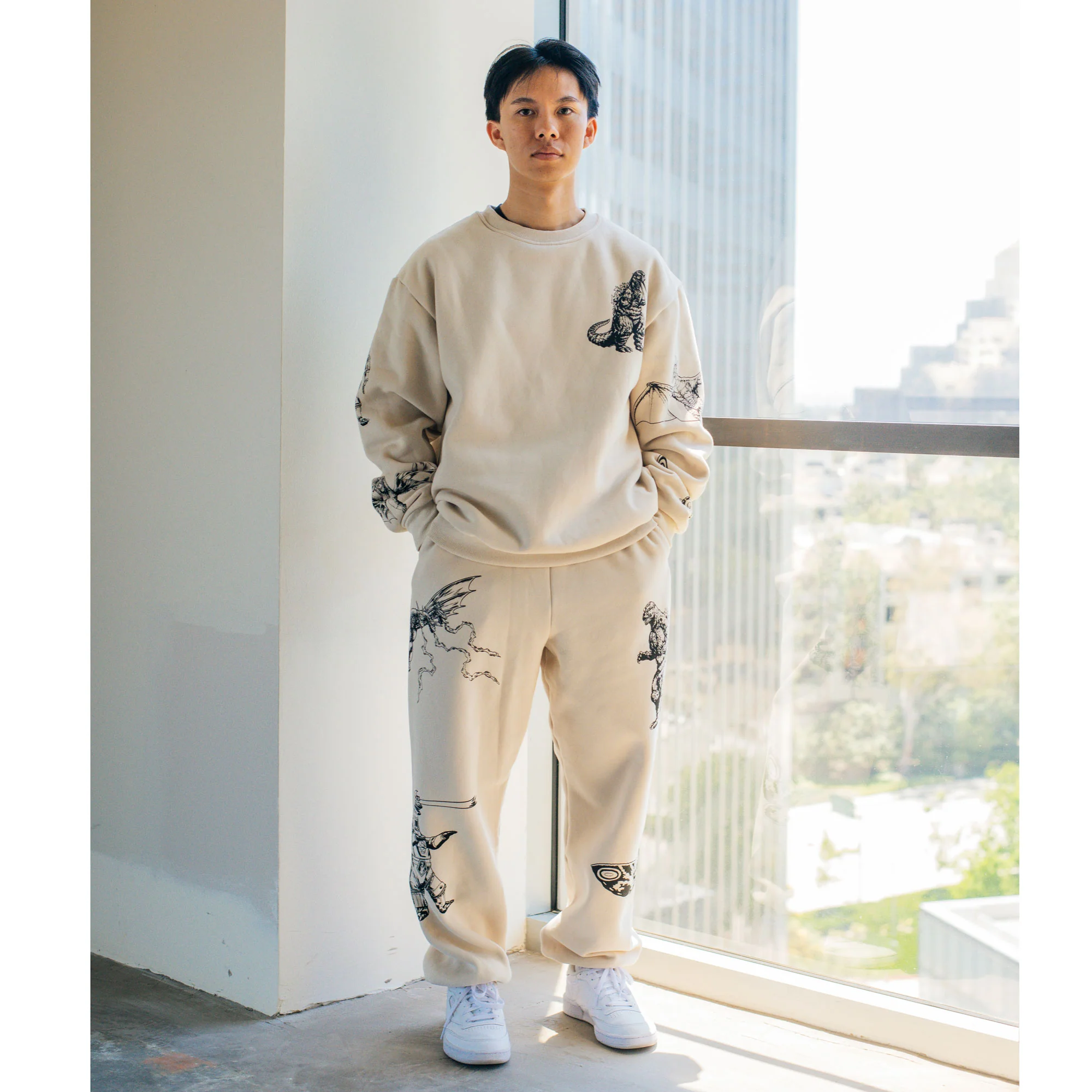 Godzilla Kaiju Print Sweatpants - Cream - Image 3